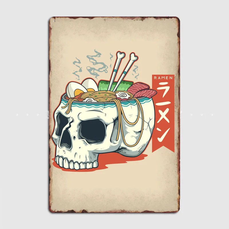 

Skull Ramen Bowl Metal Sign Cave Pub Mural Painting Cinema Garage Funny Tin Sign Poster Kitchen Home Decoration Room Wall Decor