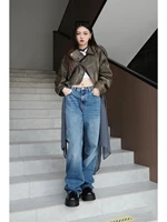 Chaqueta de cuero lavado con cinturón para mujer, abrigo corto con cremallera degradada y cuello vuelto Vintage, chaqueta elegan - Image 5