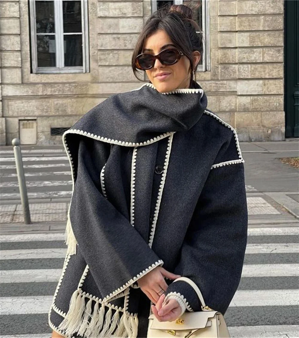 

Women Woolen Coat with Tassel Scarf Autumn Winter Loose Long Sleeve Single Breasted Coats with Pockets Lady Office Jacket
