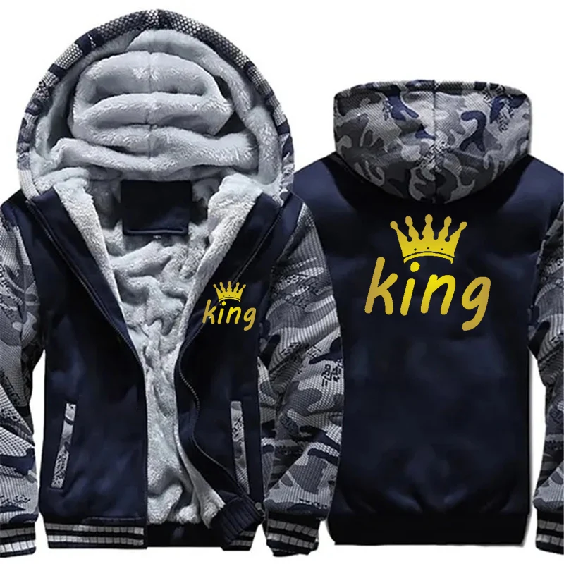 King Printed Men Jacket Patchwork Camouflage Thicken Warm Winter Hooded Fleece Long Sleeve Casual Streetwear Male Cardigan Coat 2023 men s long sleeve shirt and pants sets 2pcs solid cotton linen tops leisure tees trousers suit sets fashion tracksuit male