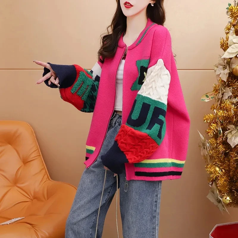 2023 Spring And Autumn New Loose Design Feeling Sweater Chic Color matching Cardigan Women's Thickened Knit Coat Wool Jacket 4XL