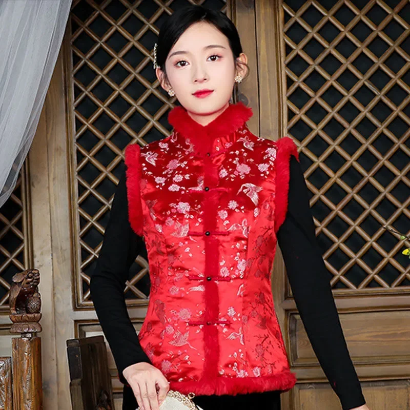 

winter chinese style traditional Spring Festival tangsuits vest oriental style sleeveless waistcoat jacket flower printing vest