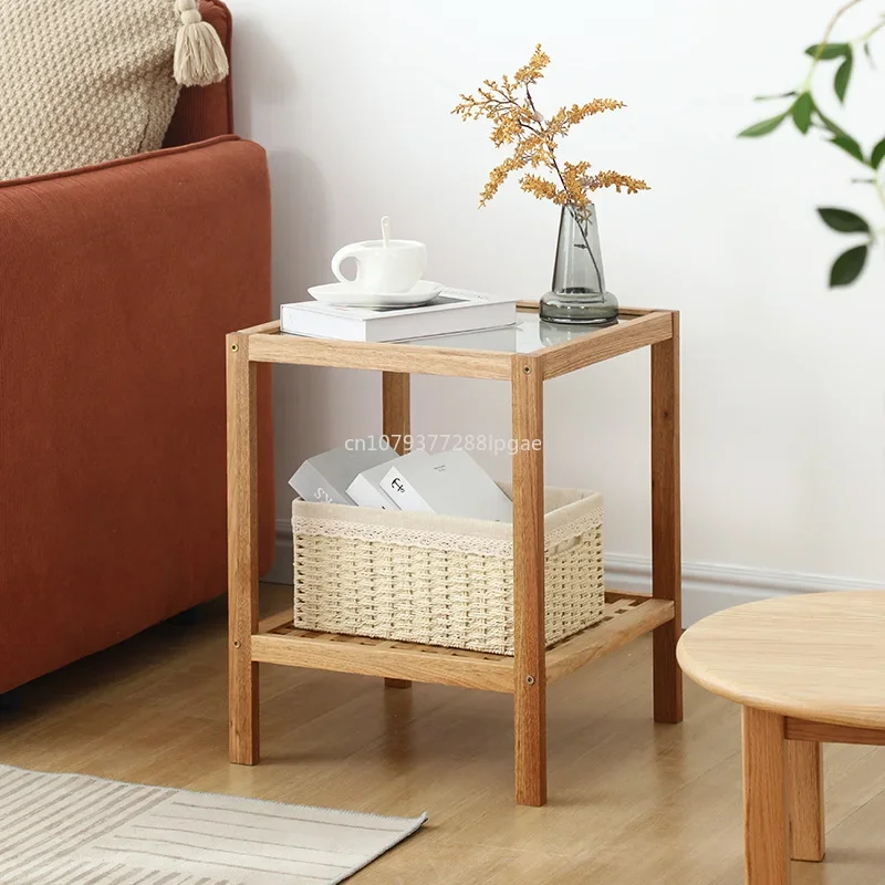 

Japanese Solid Wood Living Room Glass Small Coffee Table Creative Side Cabinet Small Square Table Wooden Double Frame Furniture