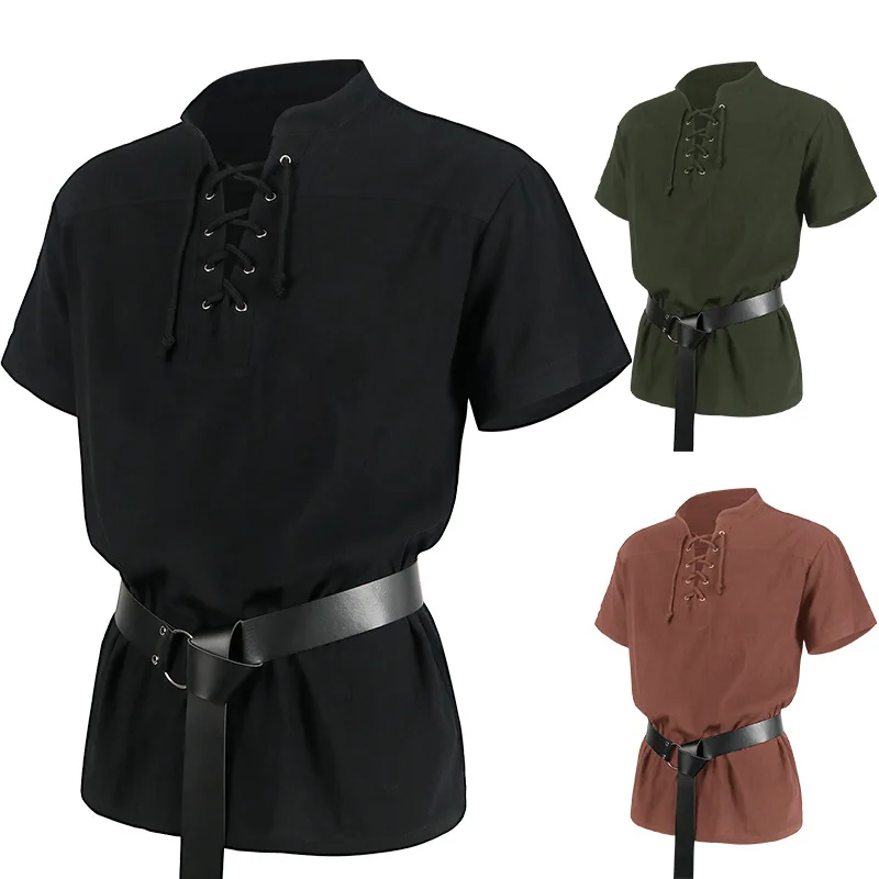 

High-quality Fashion Men's Bandage Short Sleeve Medieval Renaissance Shirt Gothic Warrior Upper Garment Belt