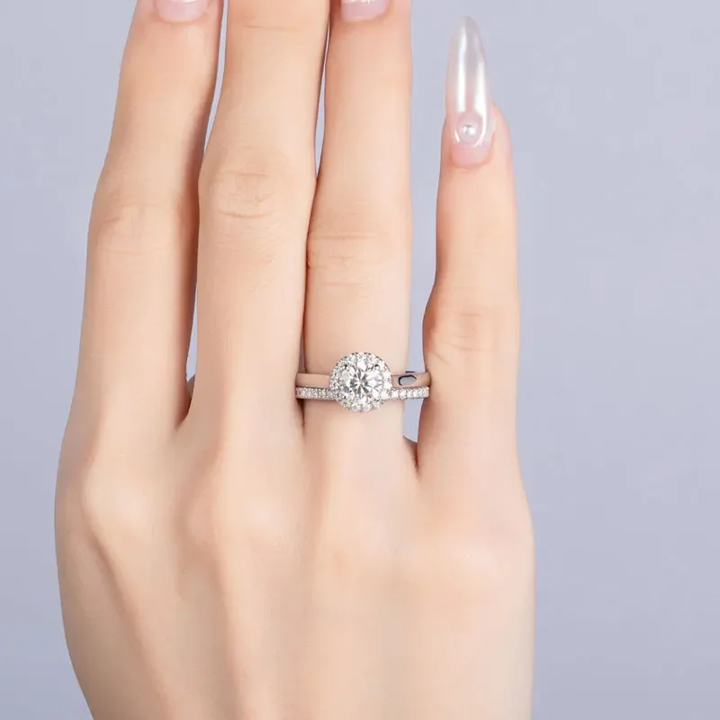 All Moissanite Engagement Rings Set For Her Total 1.42ct Solid 925 Silver Round Cut VVS D Color GRA Certificate