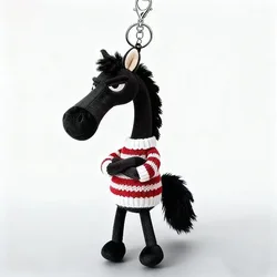 Whimsical Plush Horse Keychain - Sassy Pony Bag Charm with Grumpy Face (Red sweater   pony)