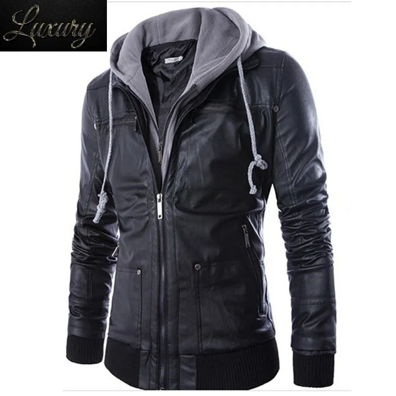 

New Fashion Mens Hooded Leather Jackets and Coats PU Casual Black M-XXL Men's Motorcycle Jacket Male with Hood