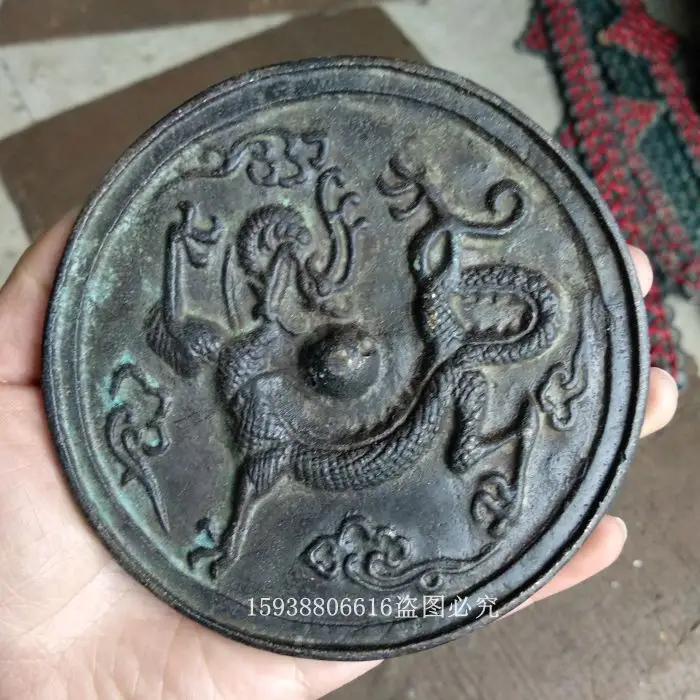 

Bronze ware collection: brass imitation bronze mirror ornaments made of old green rust, swimming dragon old bronze mirror