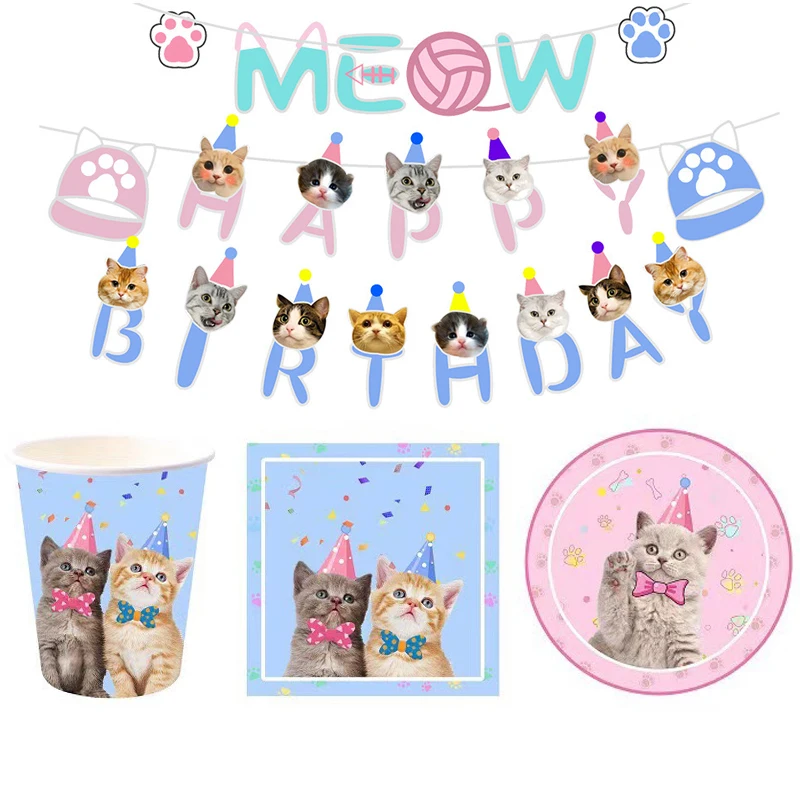 

75pcs/lot Pet Cat Theme Hanging Banner Happy Birthday Party Napkins Plates Cups Dishes Decoration Baby Shower Events Supplies