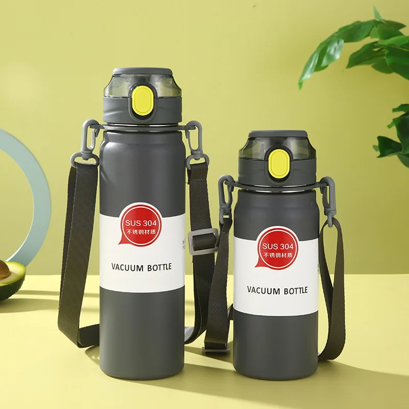 304 Sport Vacuum Flask With Straw Portable Thermos Mug With Strap 600Ml