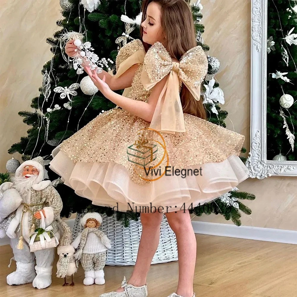 

Champagne Flower Girls Dresses for Women Tiered 2024 Sleevelss Christmas Gowns with Bigh Bow Zipper Back New فلور فتاة اللباس