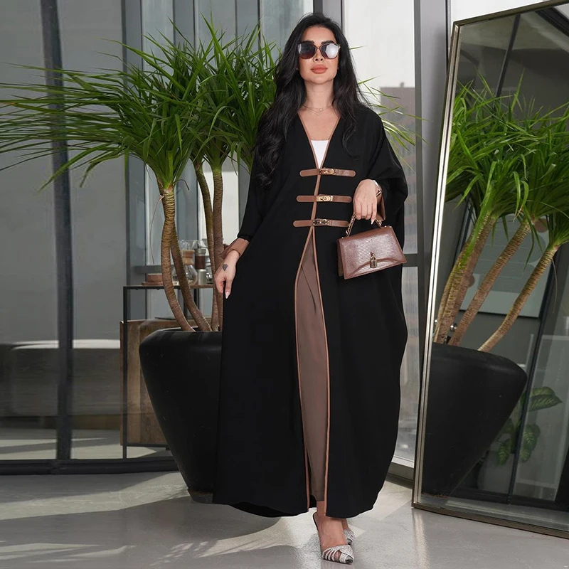 Women Sweater Jacket Gown with Leather Button Muslim Abaya Türkiye Arab Robe