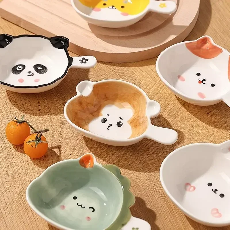 Cute Ceramics Snack Plate Cartoon Animals Saucer Hot Pot Dipping Sauce Dish Handle Dinner Plate Delicate Dessert Snack Plates 6