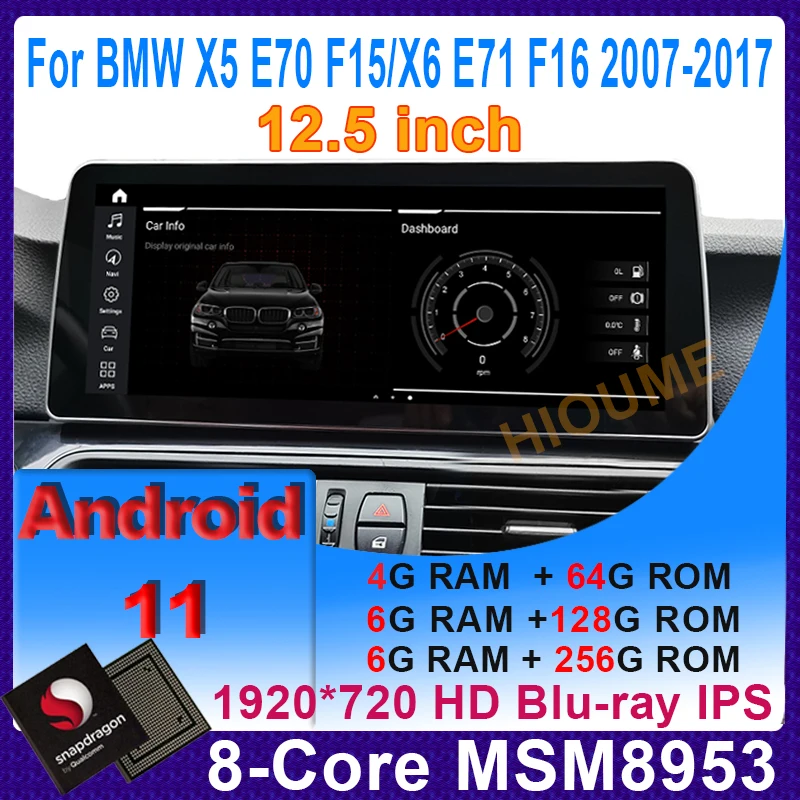 

12.5" Snapdragon Android 11 Car Multimedia Player GPS Navigation For BMW X5 E70 F15/X6 E71 F16 2007-20176 Radio Stereo Video 4G