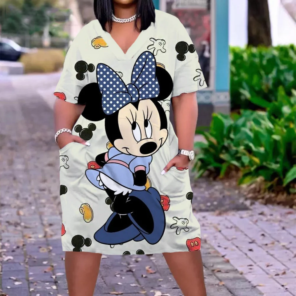 Disney Plus Size Midi Dress Long Sleeve Robe Casual Minnie Mickey Mouse Print Beach Loose Dresses Kawaii Sundress Women Clothing cotton long sleeve maxi autumn spring dress plus size women clothing casual loose vintage oversized dresses for women 4 5 xl 6xl