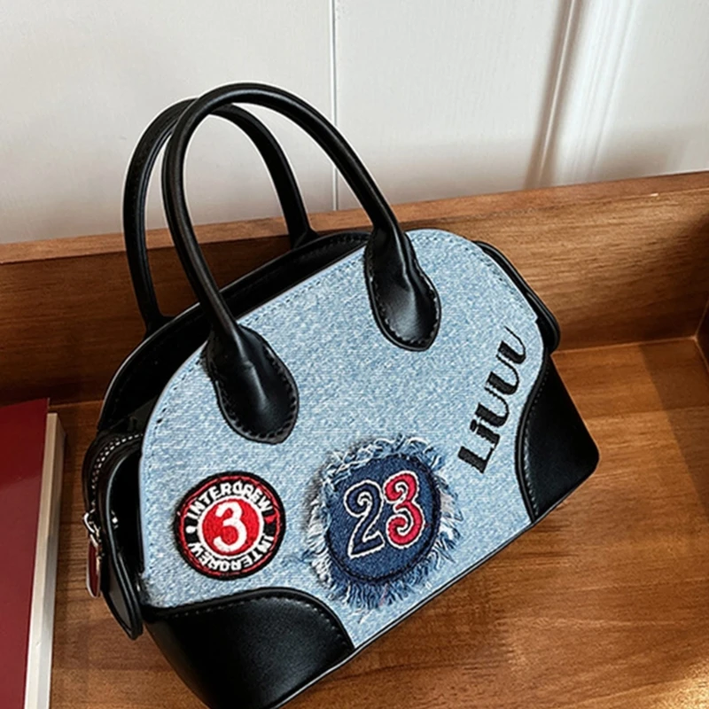 Women Shoulder Crossbody Bag Embroidery Appliques Denims Handbag with Top Handle E74B