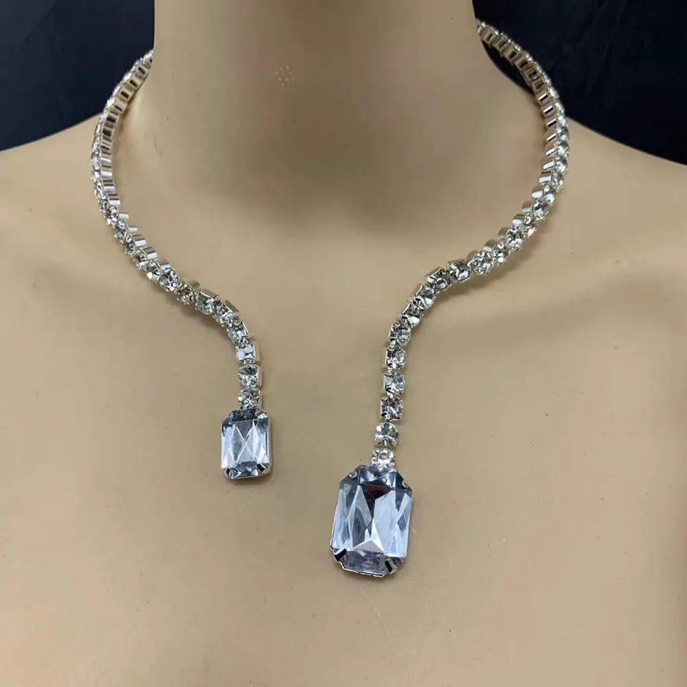 Double Big Crystal Pendant Cuff Collar Necklace Torques Shiny Rhinestone Open Choker Necklace for Women Wedding Jewelry,metal choker necklace,velvet choker necklaces