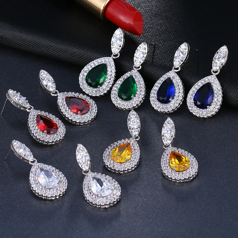 Sugo Classic Fashion Shiny 5-Colos Choices Water Drop Zirconia Pendant Earrings For Eleagnt Women Dazzle Wedding Party Jewelry