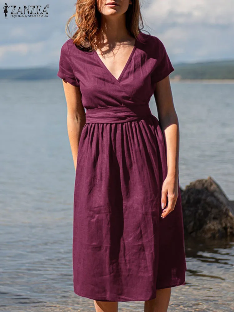 

2023 ZANZEA Summer Casual Solid Dress Fashion Women's Sundress Femme Short Sleeve V-Neck Vestidos Elgant Dresses Kaftan Oversize