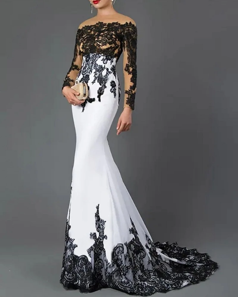Elegant Black Lace Formal Evening Dress 2022 Off Shoulder Long Illusion Sleeve Prom Party Gowns Robe De Soiree Vestido Festa evening maxi dresses