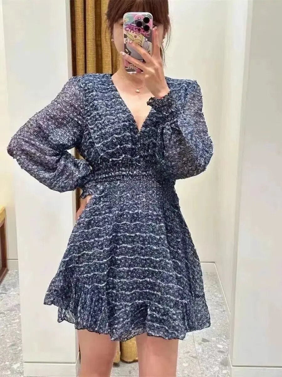 

Spring 2024 New Women Mini Dress Stripes Contrast Color Ruffles Elastic Waist Female V-Neck Long Lantern Sleeve A-Line Robe