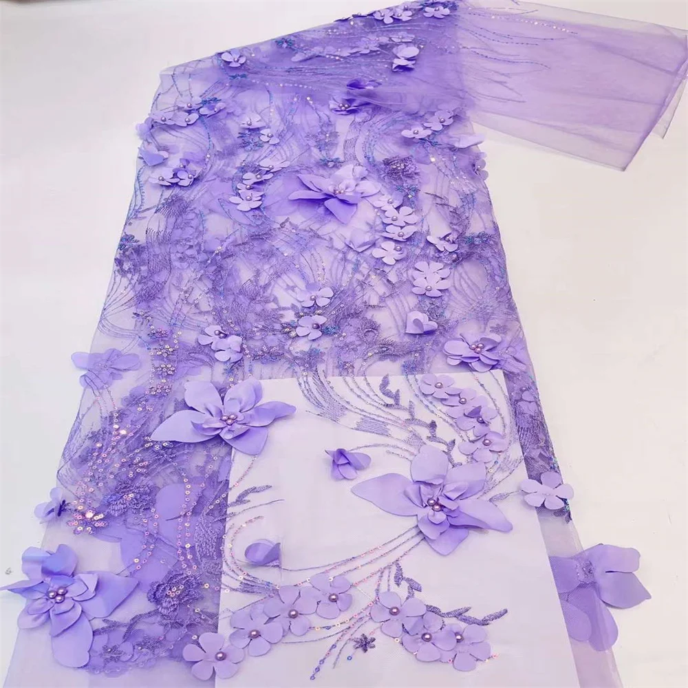 

2023 purple 3D Flower Lace Fabric With Pearls High Quality French Heavy Bead Tulle African Fabric For Wedding Party Dress hx-240