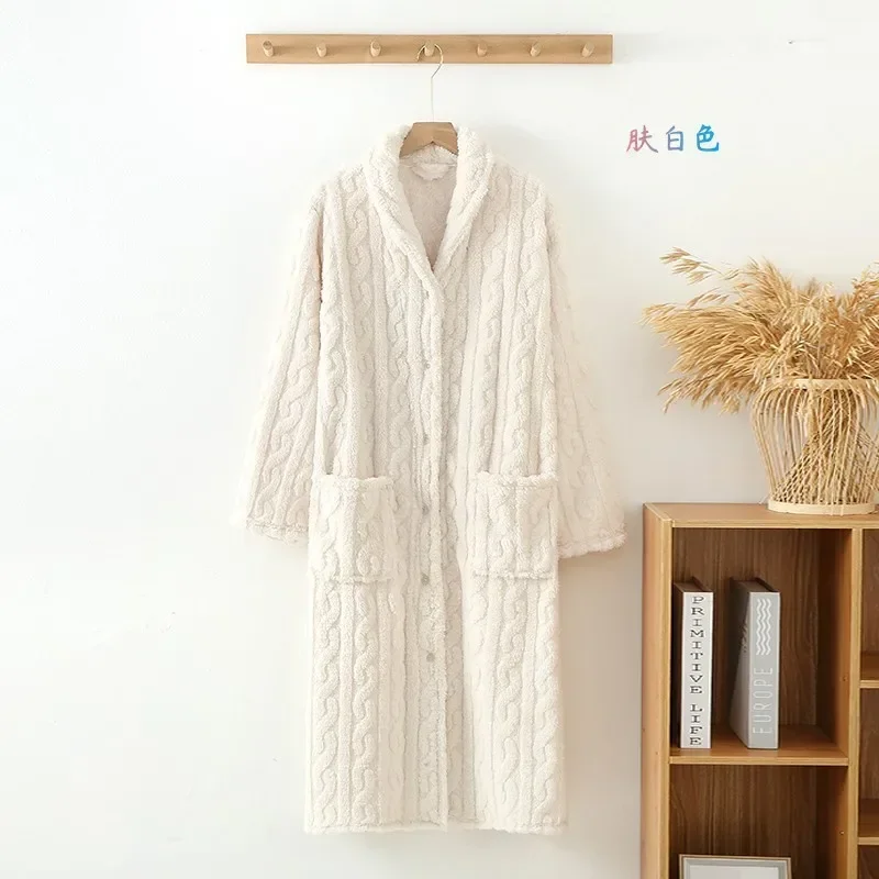 New Autumn/Winter Women's Bathrobe Flannel Thickened Warm Buckle Long Dress Solid Color Nightgown Home Fur Ladies