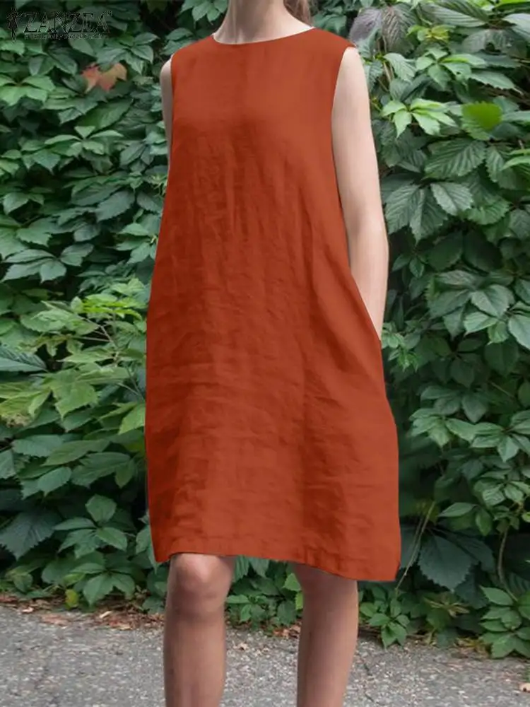 

ZANZEA 2023 Summer Knee-length Robe O-Neck Pocket Sundress Oversize Women Sleeveless Dress Casual Loose Solid Color Tank Dresses