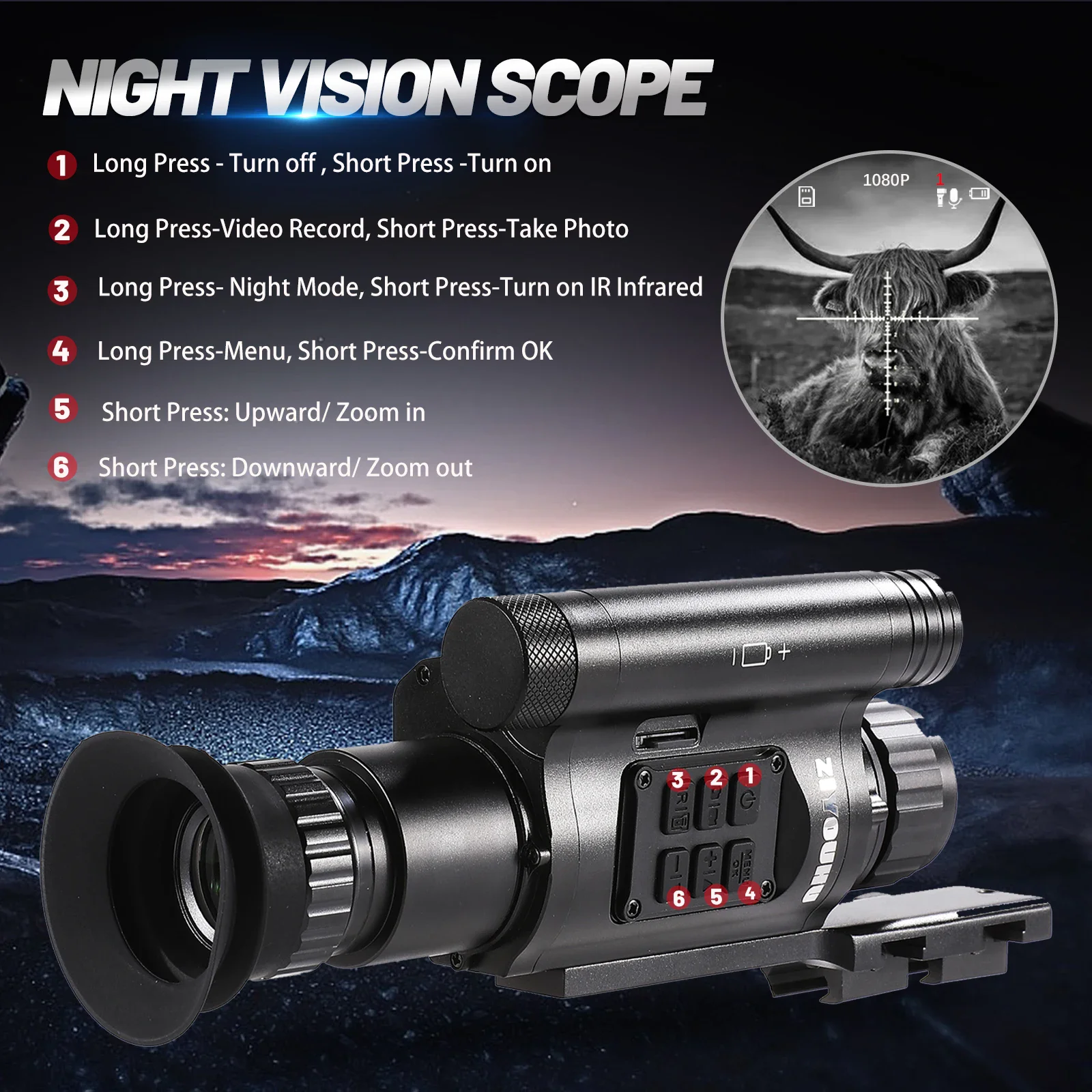 ZIYOUHU NV075 New Arrival Night Vision 1080P HD Video Camera Crosshair Cursor Target Position Camping Clip-on Digital Monocular 6