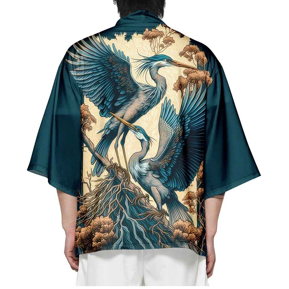Japanese Crane Pattern Casual Kimono Summer Beach Haori Cardigan Yukata Tops Retro Samurai Harajuku Oversized Men's Clothing