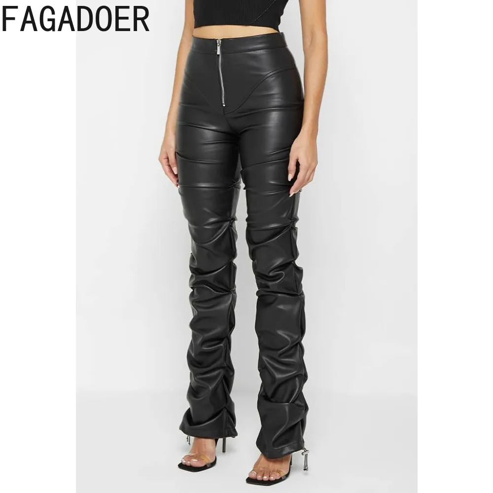 FAGADOER Casual PU Leather Ruched Flared Pants Women High Waisted Zipper Skinny Trousers Female Casual Matching Bottoms 2024 New