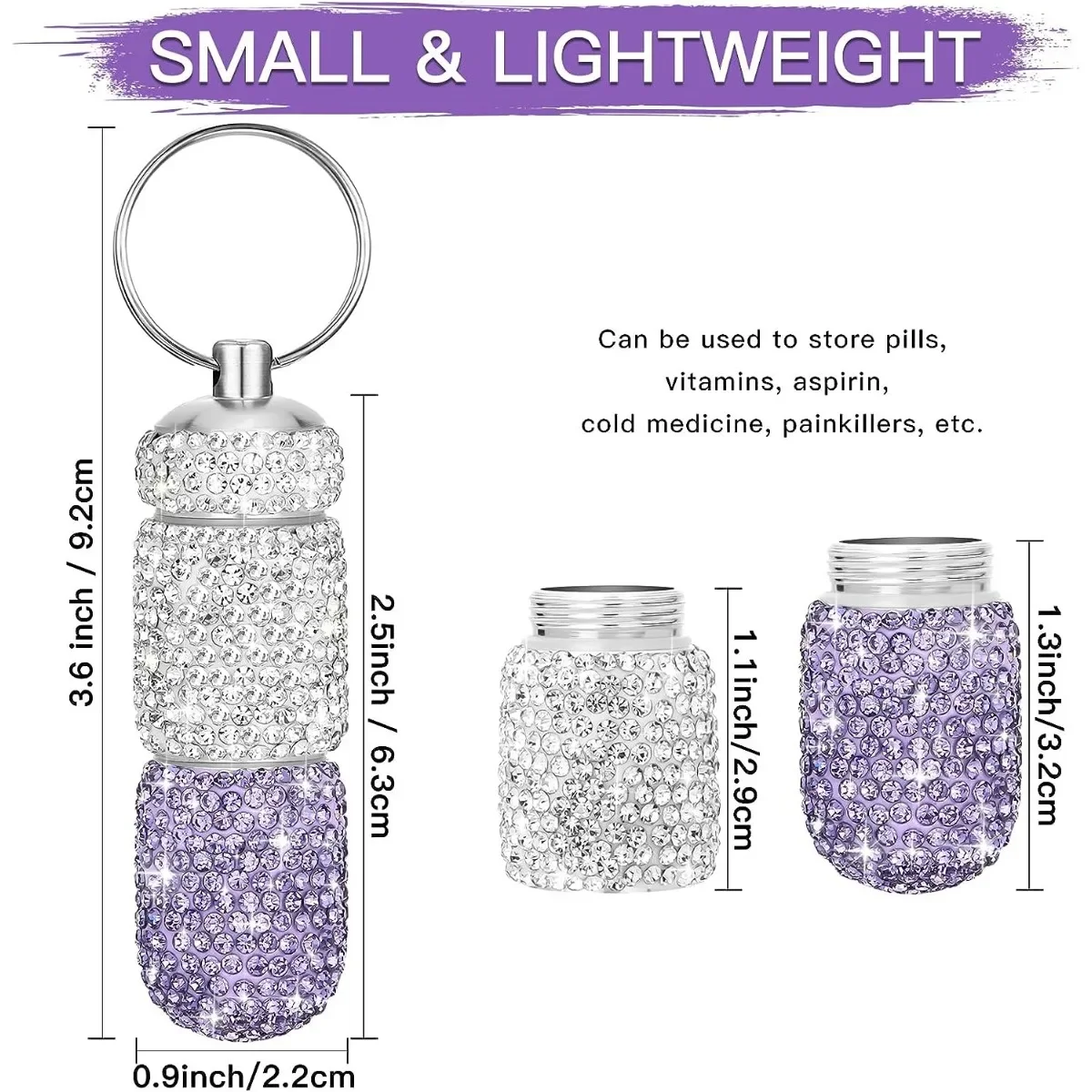 Bling Keychain Pill Box 2 Compartments Small Travel Pill Case Organizer Crystal Diamond Medicine Bottle Pill Bottle Keychain