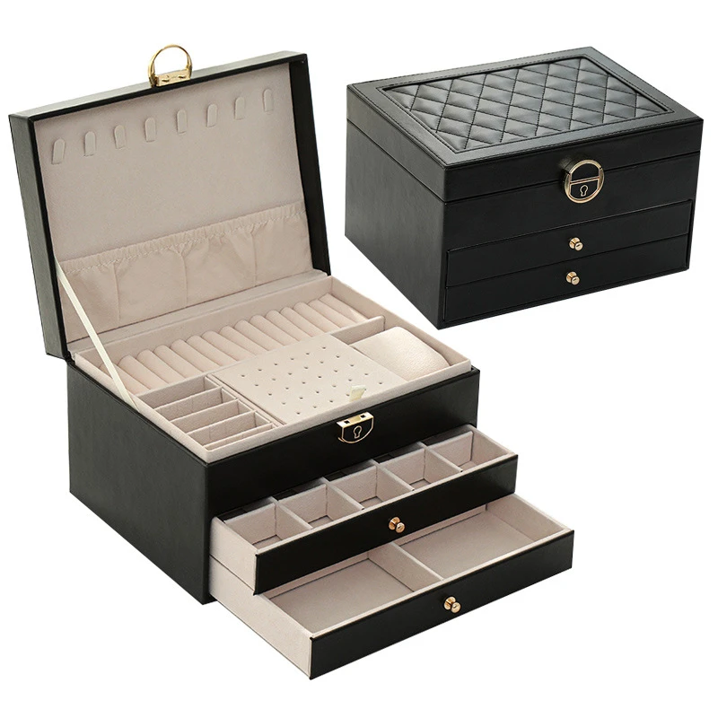 Three Layers New Retro High Quality Pu Jewelry Box With Necklace Hook