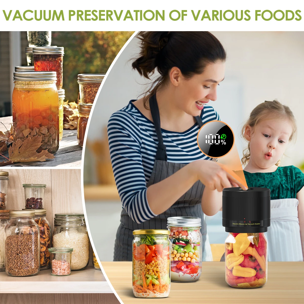 Wancle Electric Mason Jar Vacuum Sealer LCD Digital Display Cordless Vacuum Sealer Kit for Wide and Regular Mouth Mason Jars 6