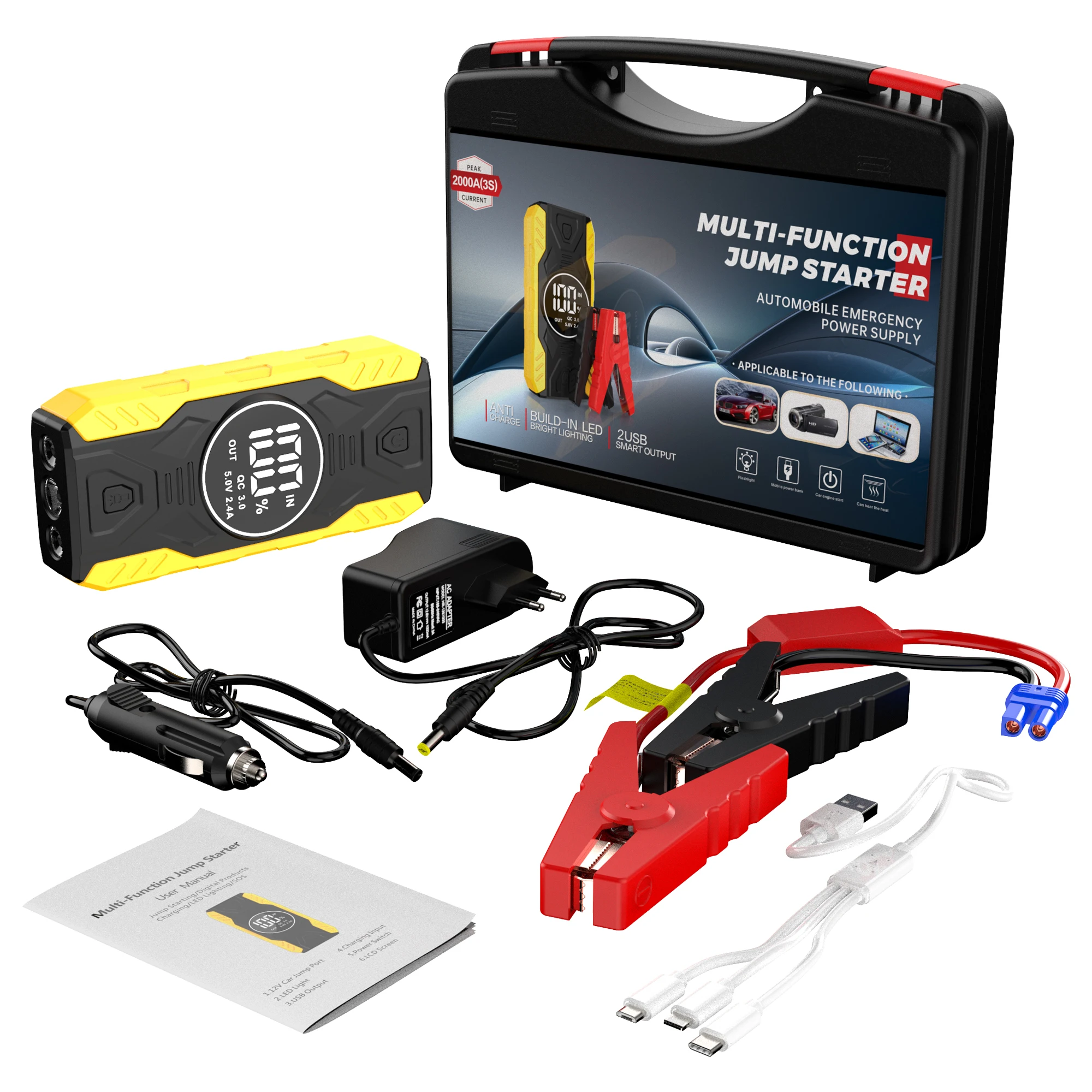 Car Jump Starter 2000A, 12V Emergency Jump Starter Battery Pack for Up to 6L Gas/4L Diesel Engine, Portable Battery Booster