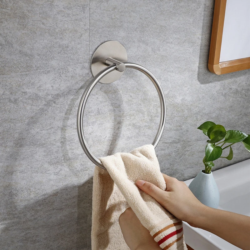 Bathroom Towel Ring Stainless Steel Hand Towel Holder Hole-free Adhesive Storage Rack Wall-Mounted Round Rack bathroom towel ring,bathroom towel holder
