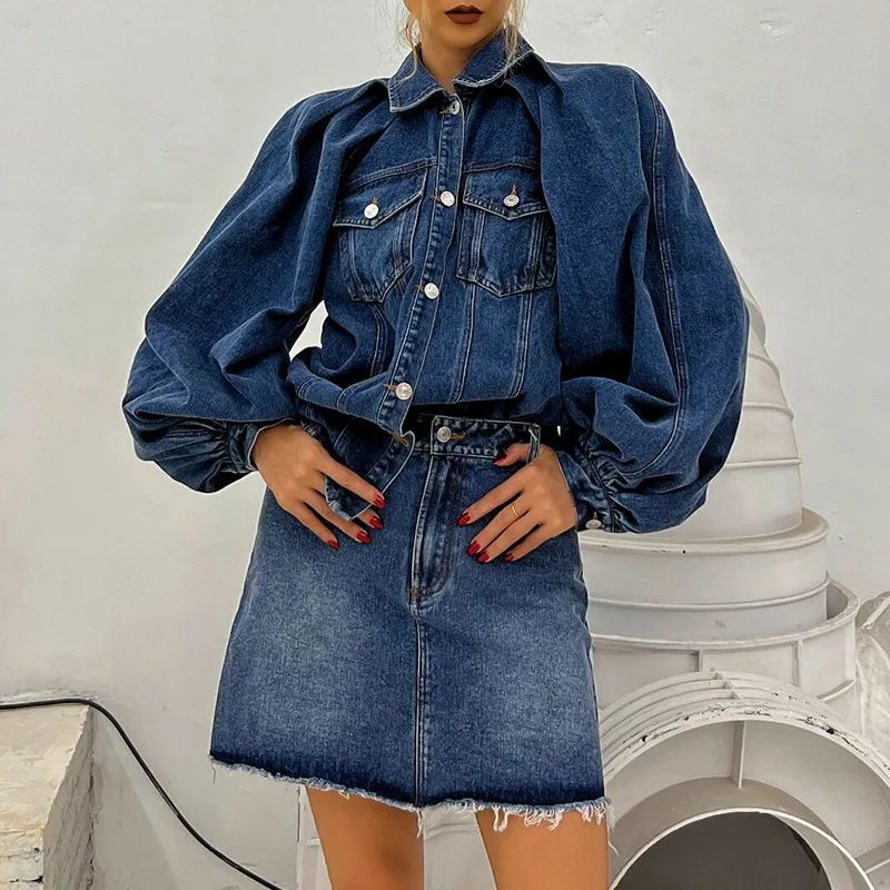 

New Women Autumn Winter Retro Solid Denim Set Long Sleeve Single Breasted Cardigan Coat + High Waist A-line Skirt Two Piece Set