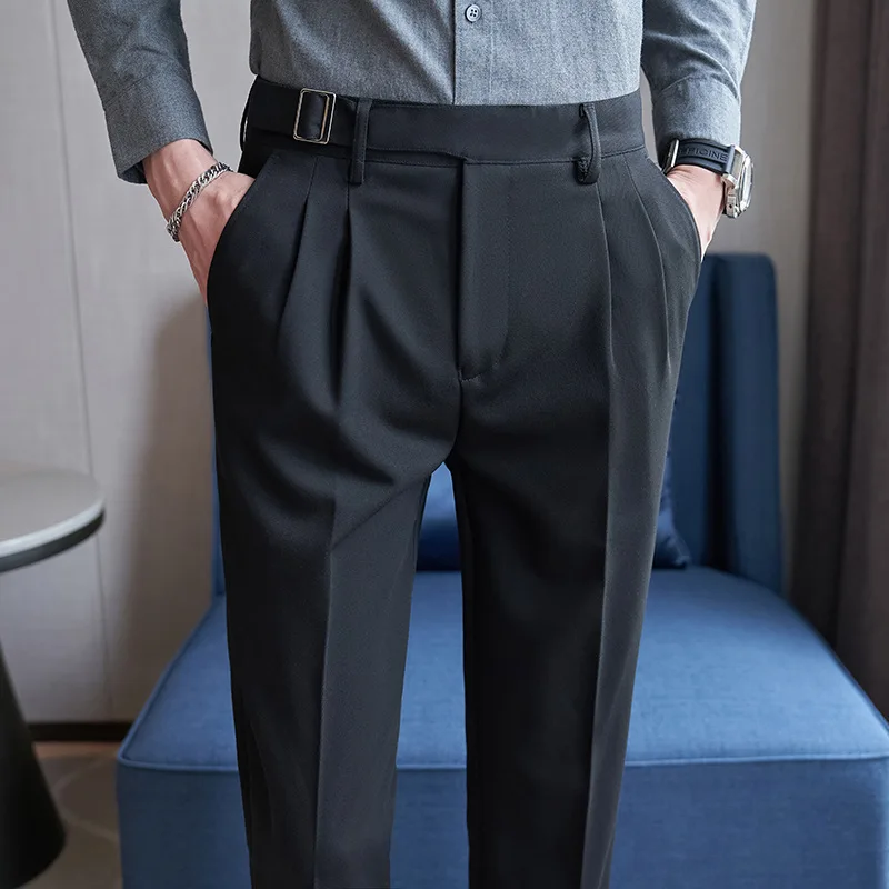 Autumn Winter Belt Decoration Business Dress Pants Men Slim Fit Office Social Casual Suit Pants Wedding Groom Trousers 2023
