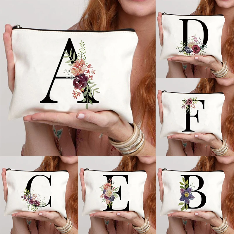 Floral Letter Bridesmaid Makeup Bags Bachelorette Party Gift Children Travel Bag Zipper Pouch Travel Organizer Case Cosmetic Bag 2