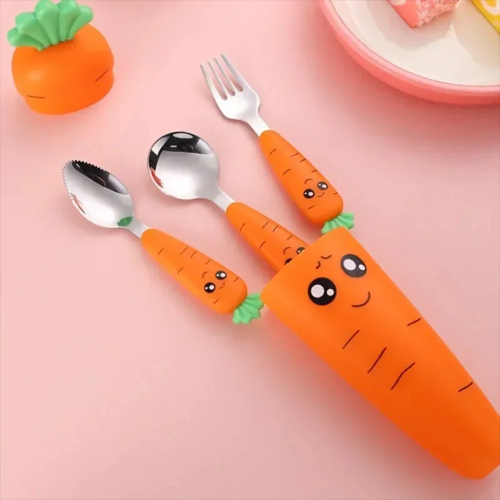 Baby Feeding Utensils Cartoon Carrot Fork Spoon Children Cutlery Set Children's Eating Cutlery Kitchen Gadgets Fork Teaspoon Box