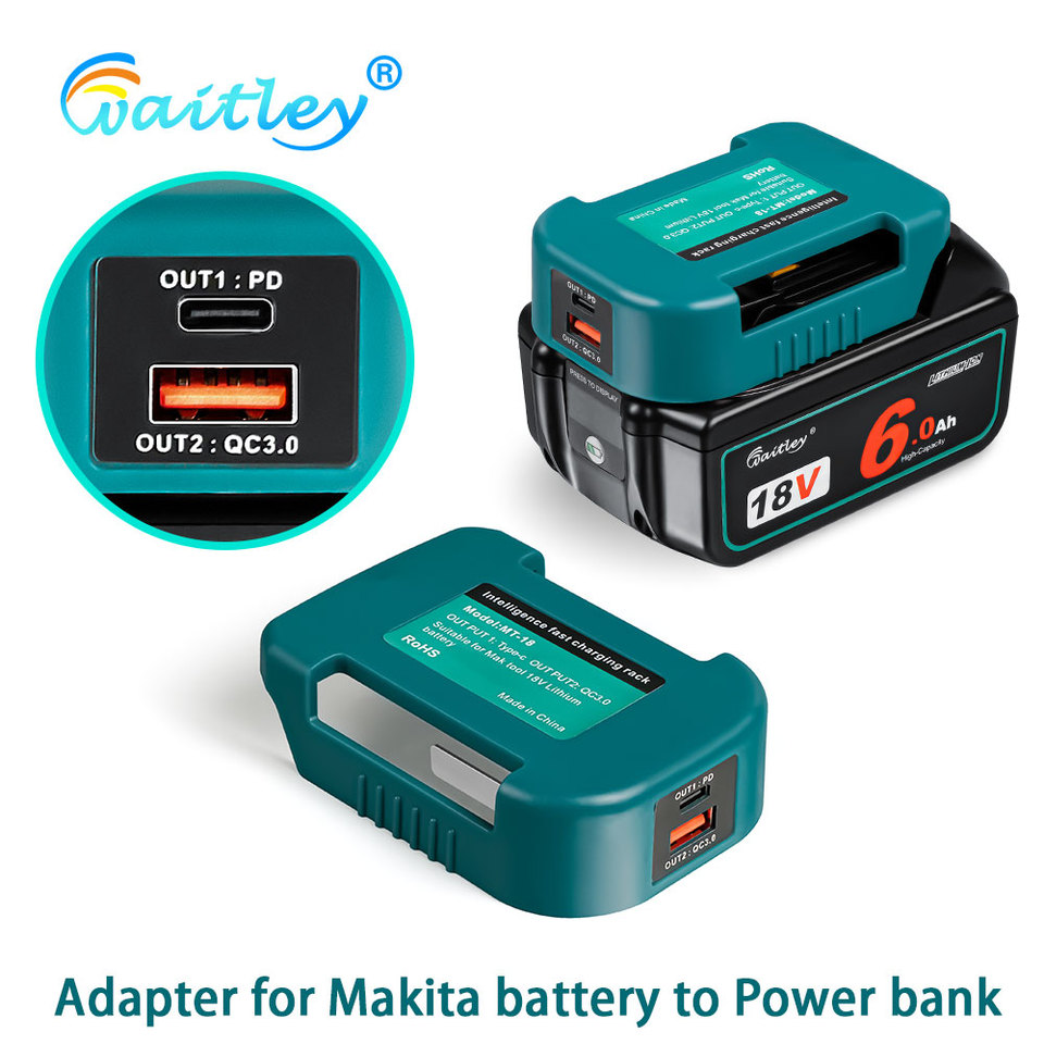 Adapter with Dual Output Interface for Makita 18V 14V Battery BL1860 Onvert to Power Bank Fast Charging Portable Rack