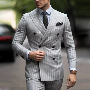 Elegant Stripe Men Suit Business Prom Male Tuxedos Groom Groomsman Wedding Party Formal 2 Piece Set (Blazer+Pants) 1