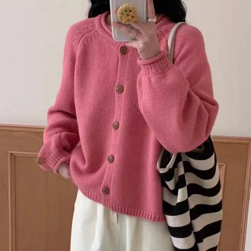 Autumn and Winter New Women's Clothing Crew Neck Cardigan Long-sleeved Sweater Fashion Casual Single-breasted Loose Jacket