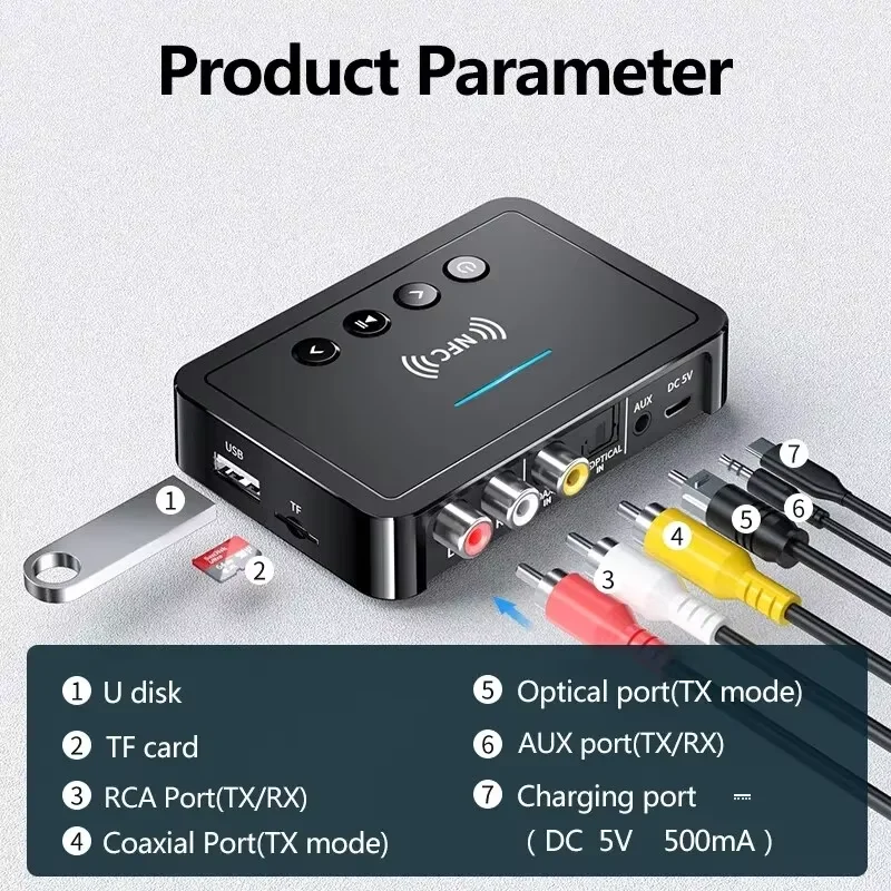 KEBIDUMEI NFC 블루투스 6.0 수신기 송신기 FM 스테레오 AUX 3.5mm RCA 광 동축 무선 어댑터(리모컨 포함)