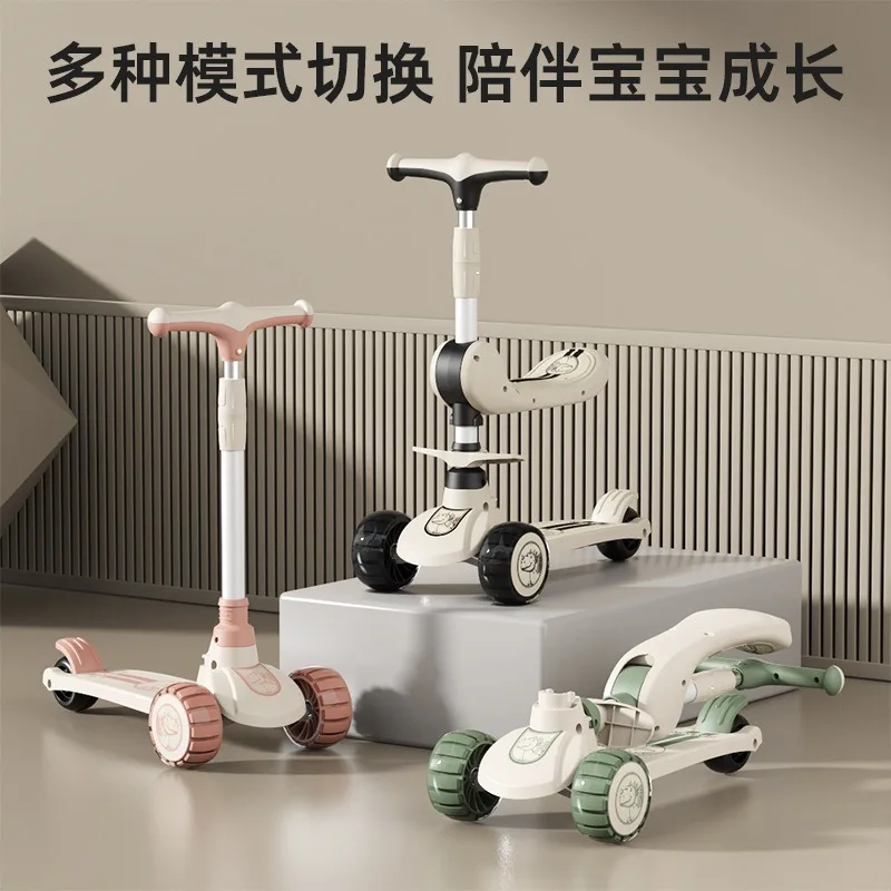 2 IN 1 Children's Kick Scooter 3 Height Adjustable Music Light Foldable 3-Wheels Child Scooter Boy Girl Age 2-10