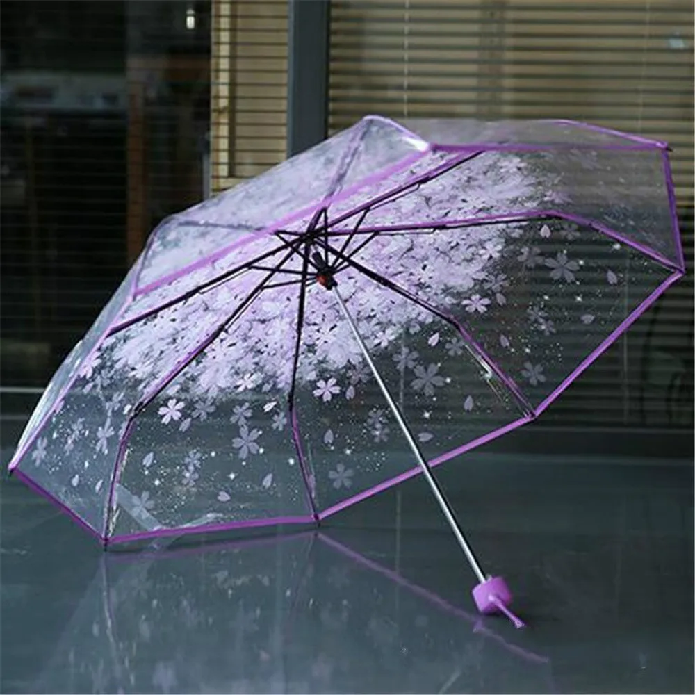 Anti-UV Sun/Rain Umbrella 3Fold Transparent Clear Cherry Blossom