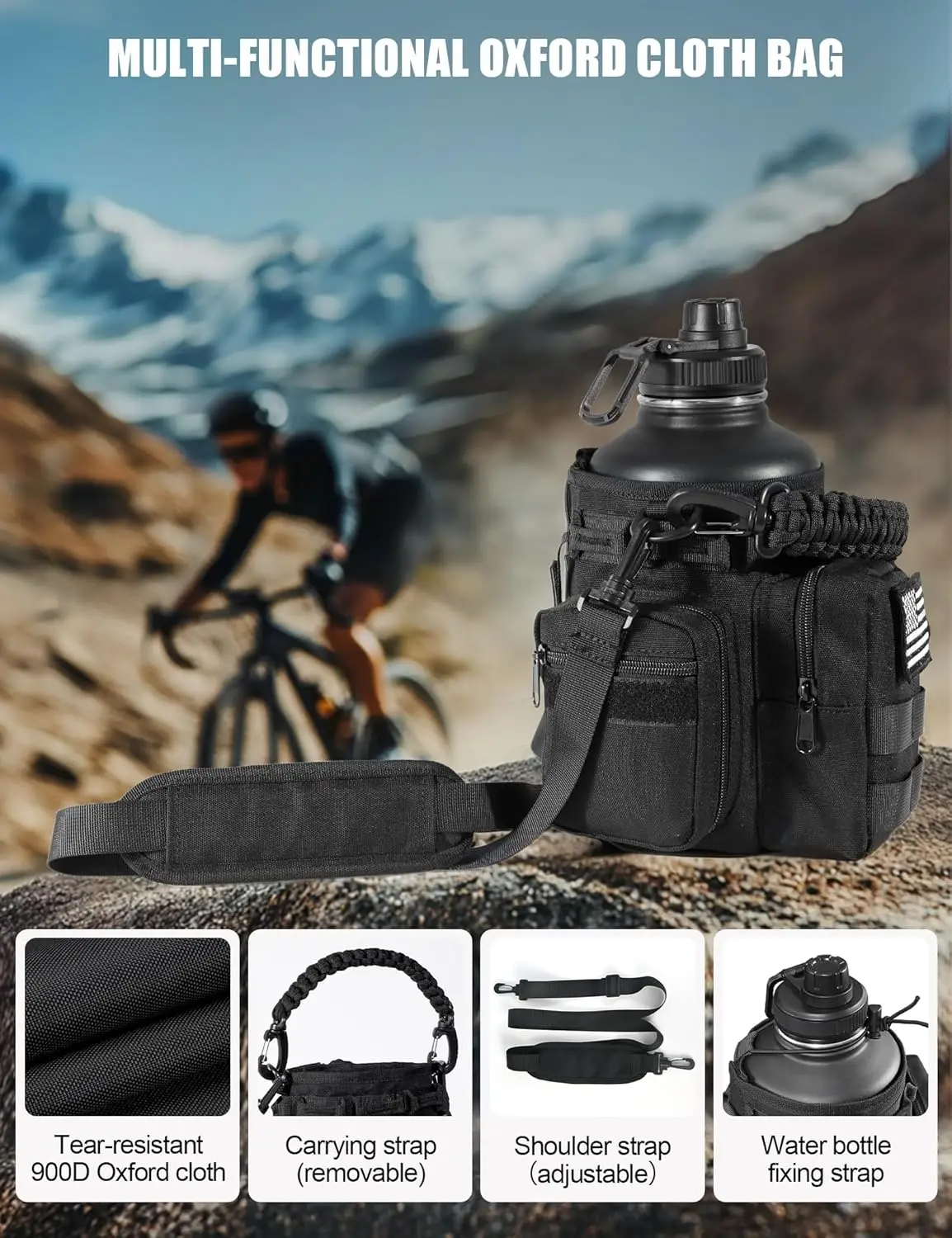 Tactical 64 Oz Insulated Water Bottle with Straw, Stainless Steel Sport Bottle, BPA Free, 3 Lids, Molle Compatible (Black)