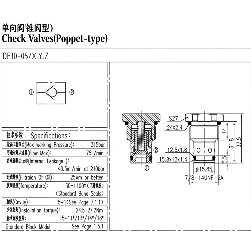 DF10-05 유압식 나사 삽입 체크 밸브 CV10 압력 유지 밸브