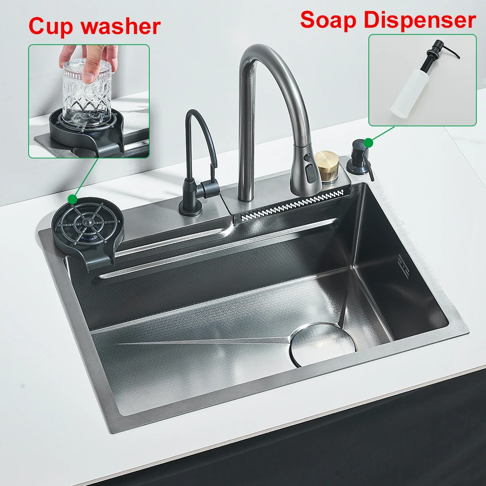 Waterfall Kitchen Sink Large Single basin With Large Single Slot Sink Above Counter With Cup Disher and Soap Dispenser