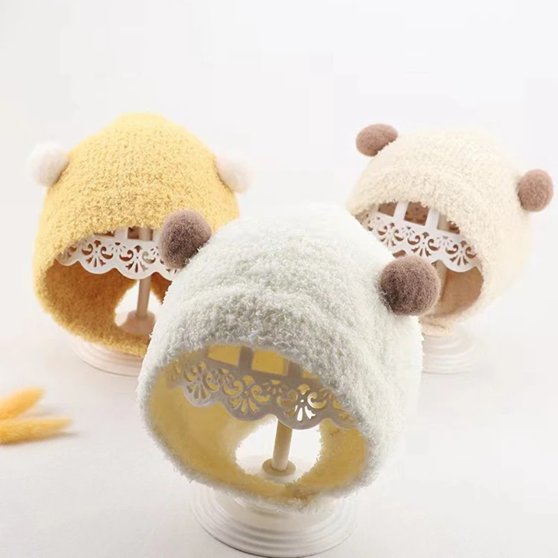 Korean Cute Pompom Baby Hat Winter Warm Baby Boys Girls Hat Bonnet Soft Ear Protection Infant Toddler Plush Cap Beanies 2